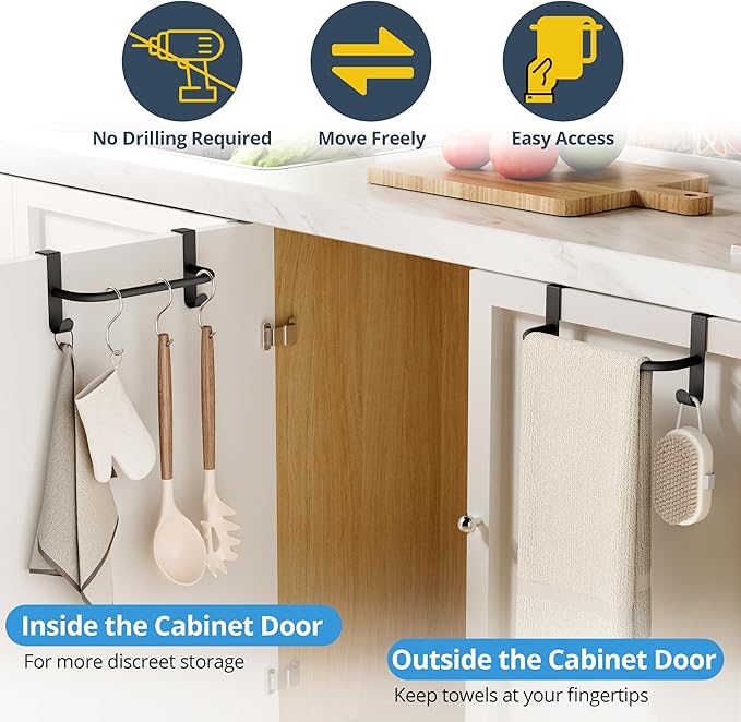 SAYAYO Over Cabinet Towel Bar Black, 8 Inch Kitchen Towel Holder with 2 Hooks, Over The Cupboard Door Dish Towel Rack, 2 Pcs (9 Inch Total Length)