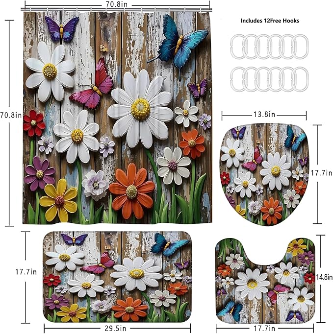 ZLQQ 4Pcs Daisy Butterfly Shower Curtain Sets with Rugs Garden Bathroom Set with Non-Slip Rugs Toilet Lid Cover and Bath Mat Vintage Shower Curtain with 12 Hooks, Durable Bathroom Decor Set