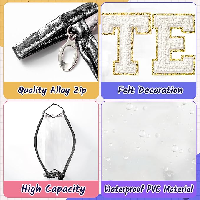 CY2SIDE TEACH Clear Makeup Bag - White TEACH Letter Patch Cosmetic Bag with Handle for Travel PVC Zipper Clear Toiletries Waterproof Portable Travel Organizer Teacher Appreciation Gifts, Black