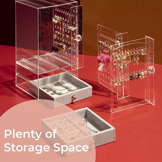 DOZZZ Acrylic Jewelry Organizer Box with 5 Drawers for Women, Clear Earring Holder Storage Display Stand Rack for Rings Necklace Bracelet
