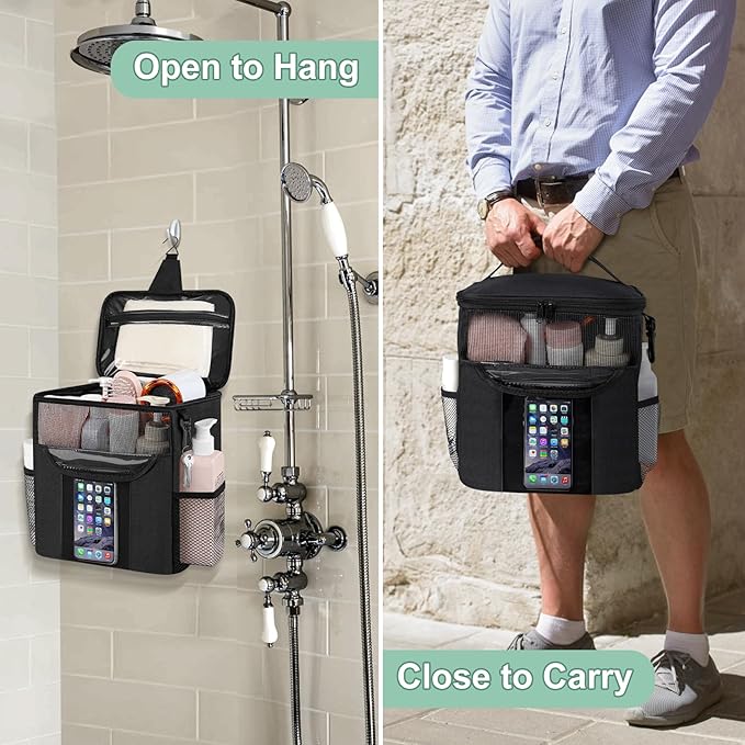 Portable Shower Caddy for Dorm Room Essentials, Foldable Mesh Shower Bag for College, Large Capacity Toiletry Bag Tote Bag Shower Caddy Portable for Student Boy Girl Bath Essentials (Black)
