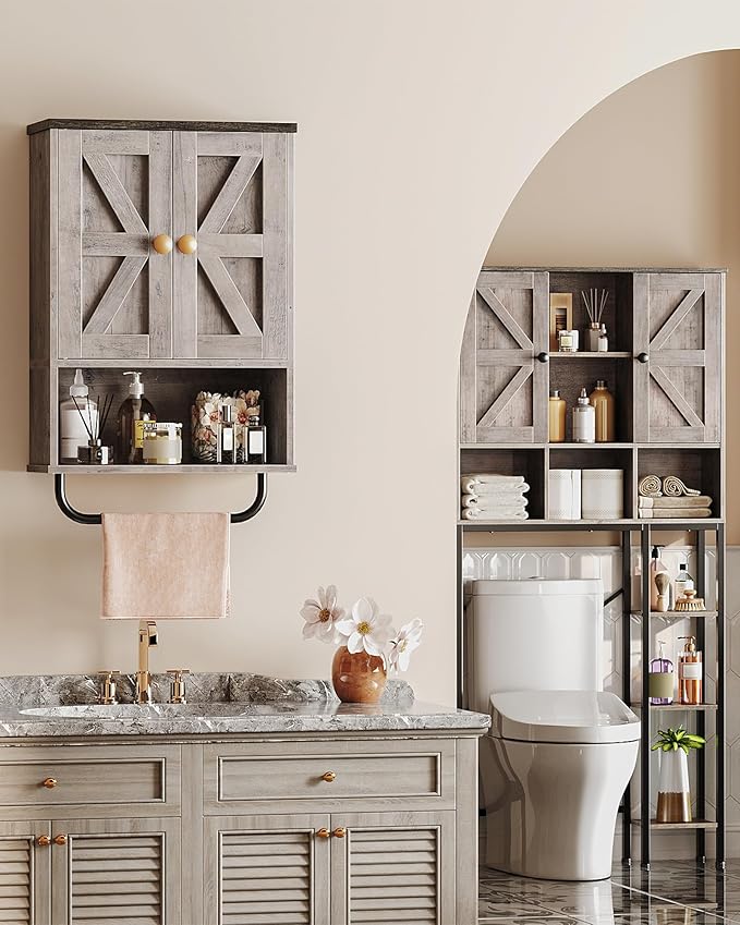 CHOEZON Bathroom Wall Cabinet, Medicine Cabinet with Open Partition and Towel Bar, Rustic Storage Cabinet with Open and Hidden Storage Space, for Bathroom, Living Room, Greige and Charcoal Black