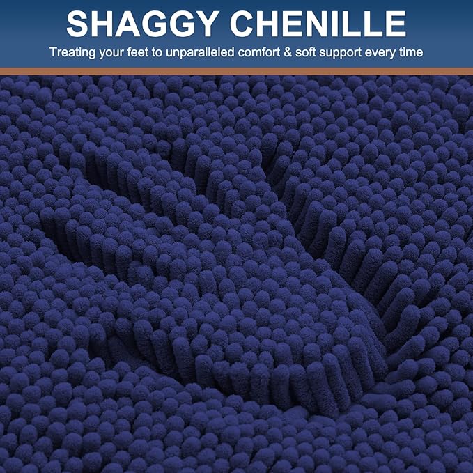 Smiry Luxury Chenille Bathroom Rugs 24x16, Extra Soft and Absorbent Shaggy Bath Mat, Machine Washable, Non-Slip Plush Carpet Runner for Tub, Shower, and Floor, Home Decor Accessories, Deep Blue