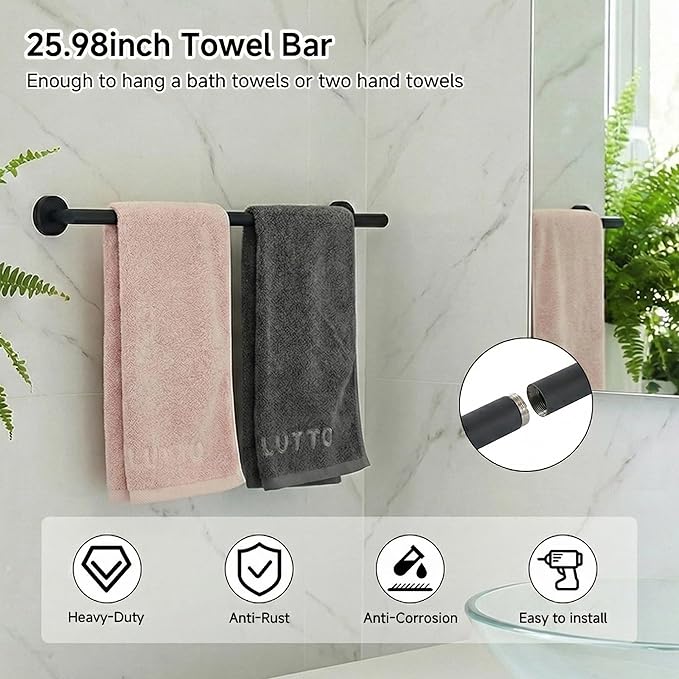 7-Piece Bathroom Hardware Accessories Set SUS304 Stainless Steel Towel Bar Set Wall Mounted 25.9-Inch Towel Rack, Towel Ring, Toilet Paper Holder with Shelf & 4 Hooks, Black