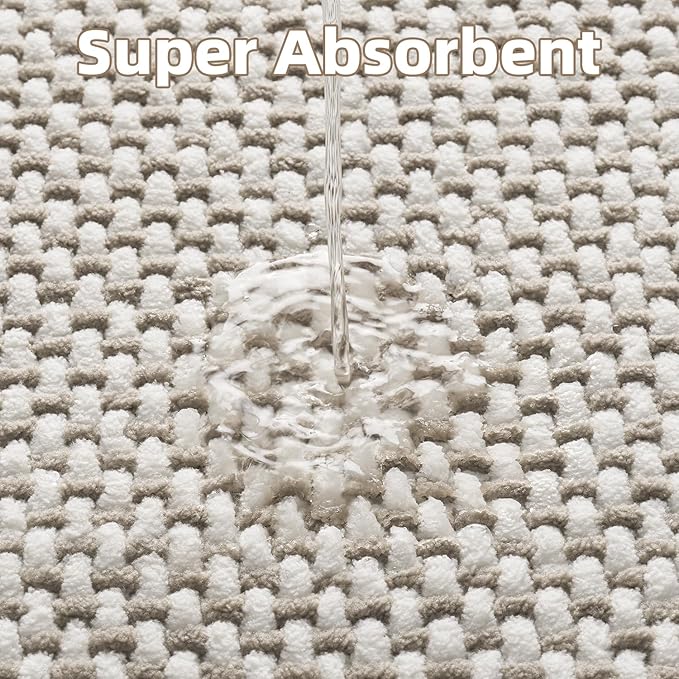 PADOOR-Bath Mat Runner-Super Absorbent Chenille Bathroom Mats-Rubber Backed Bath Mats for Bathroom Non Slip, Easy Clean Bathroom Runner Rugs Front of Bathtub,Shower Room,Sink-17×59, Beige&Cream
