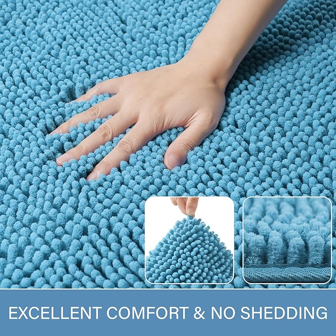 LOCHAS Luxury Bathroom Rug Shaggy Bath Mat 24 x 60 Inch, Washable Non Slip Bath Rugs for Bathroom Shower, Soft Plush Chenille Absorbent Carpets Mats, Light Blue