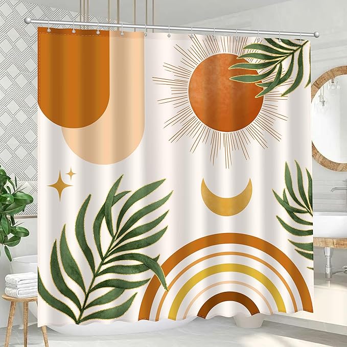 Boho Mid Century Shower Curtain, Bohemian Orange Minimalist Simple Aesthetic Modern Bathroom Decor, Spring Summer Colorful Rainbow Sun Moon Botanical Fabric Cloth Bath Curtain 72x72 Inches