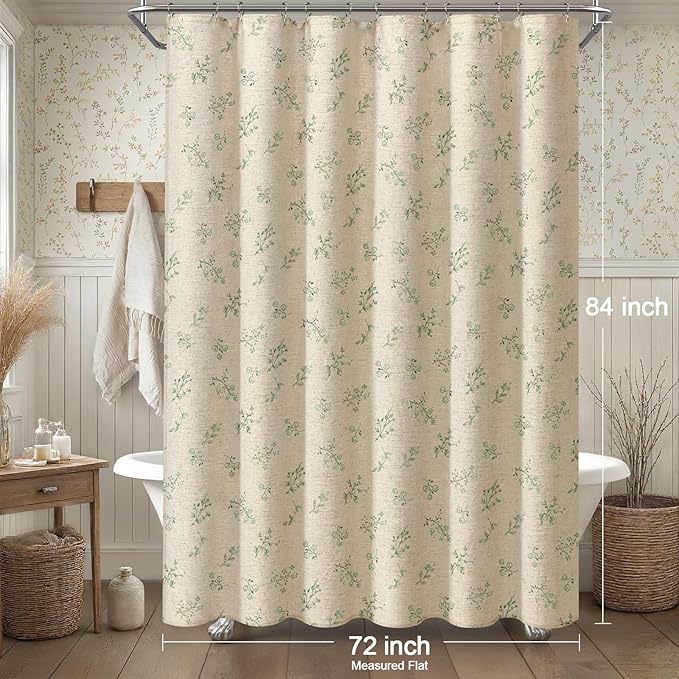 Sage Green Floral Vintage Linen Shower Curtain, French Country Shower Curtains for Bathroom, 72Wx84H