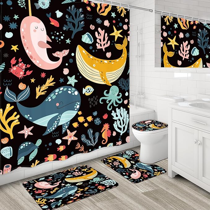 LGhtyro 4PCS Kids Whale Black 71Wx71H Inches Ocean Cartoon Fish Underwater Sealife Shower Curtain Sets with Rugs,Toilet Lid Cover and Bath Mat,Cute Bath Accessories Art Home Decor Fabric 12 Pack Hooks