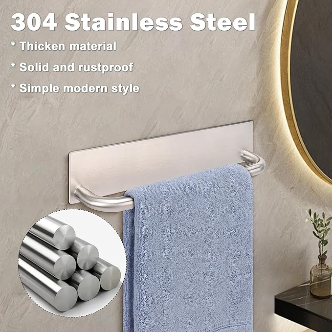 Livabber Self Adhesive Hand Towel Holder- 304 Stainless Steel Hand Towel Bar for Bathroom Kitchen Stick on Wall, Towel Ring No Drilling, 9 Inch (Brushed Nickel)