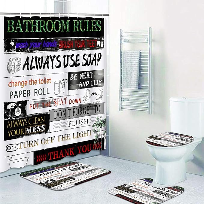 Britimes 4 Piece Shower Curtain Sets with 12 Hooks, Letter Rules Pattern Funny Teen Boy Girl Cute Colorful with Non-Slip Rugs, Toilet Lid Cover and Bath Mat for Bathroom Decor Set 72" x 72"