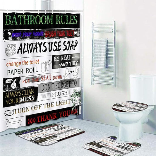 Britimes 4 Piece Shower Curtain Sets with 12 Hooks, Letter Rules Pattern Funny Teen Boy Girl Cute Colorful with Non-Slip Rugs, Toilet Lid Cover and Bath Mat for Bathroom Decor Set 72" x 72"
