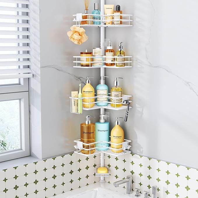 HapiRm Corner Shower Caddy Organizer - Shower Organizer Corner with Soap Holder, Toothbrush Holder and 4 Hooks, Rustproof Bathroom Shelf Tension Pole Available for 27.6 to 108.3 Inch - White