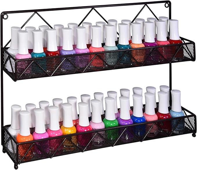 AMT 2 Tier Nail Rack, Pack Metal Wall Mount Organizer, Essential Oils Organizer, Pantry Cabinet Door Shelf Storage.Hanging Display for Spice Jars, Sauces, Herbs, Nail Polish, Cosmetic Beauty Bottles
