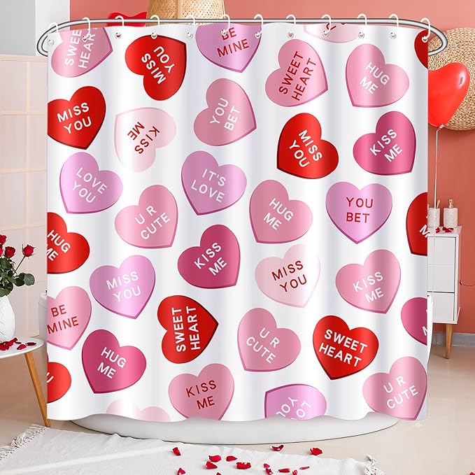 Drydiet 4 Pcs Valentines Shower Curtain Set, Non Slip Rugs Toilet Lid Cover U Shape Bath Mat and 12 Hooks Conversation Heart Pink Bathroom Supplies for Valentines Accessories Decor Set