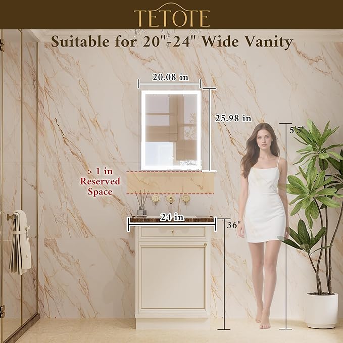 TETOTE 20 x 26 Lighted Medicine Cabinet with Mirror with Adjustable Shelves, Silver Aluminum Cabinet, Anti-Fog Stepless Dimmable 3 Colors White/Warm/Natural, Easy to Install(Wall Mount/Recessed)