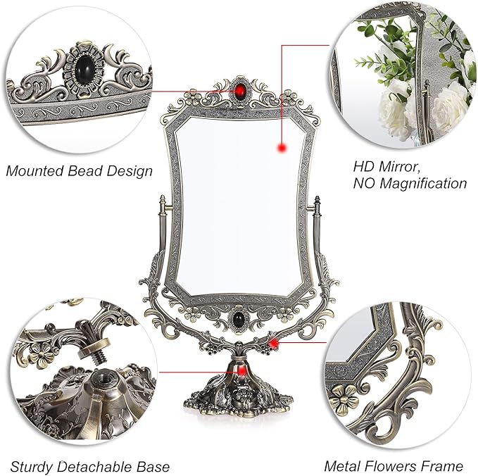 JUXYES Metal Tabletop Antique Decorative Makeup Mirror with Stand, Vintage 360° Swivel Double Sided Cosmetic Mirror with Frame, Retro Desktop Dressing Mirror Magic Mirror for Dresser