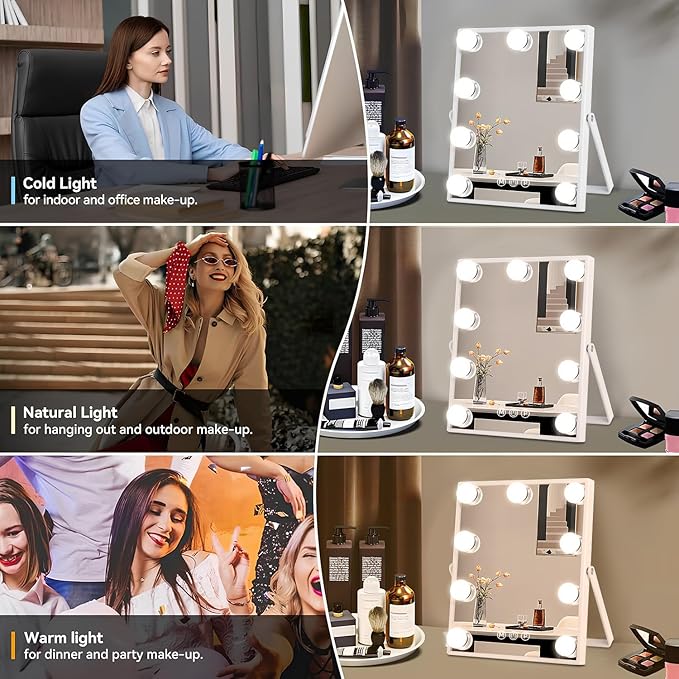 Vanity Mirror with Lights, Hollywood Vanity Makeup Mirror with Lights, Lighted Make Up Mirrors with 9 Dimmable Bulbs, 360 Degree Rotation Mirror, Smart Touch Control, 3 Color Modes (12" L x 10" W)
