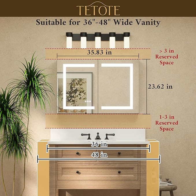 TETOTE LED Lighted Bathroom Medicine Cabinet Mirror with Lights 36 x 24 Recessed or Wall Mounted Cabinet with 2 Door, Tempered Glass, Outlets & USB, 3-Color Stepless Dimming, Defog, Adjustable Shelf