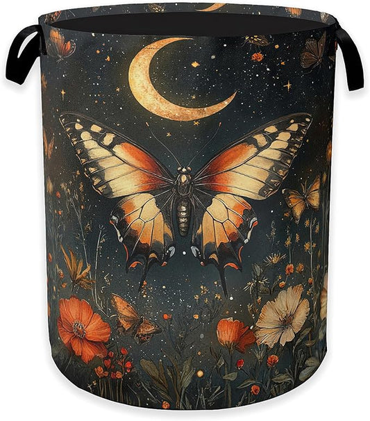 Laundry Hamper,Vintage Butterfly Flower Laundry Basket,Gothic Garden Moon Portable Collapsible Laundry Room Organization Storage for Dorm Room,Nursery,Bathroom,Bedroom,16x20 Inch