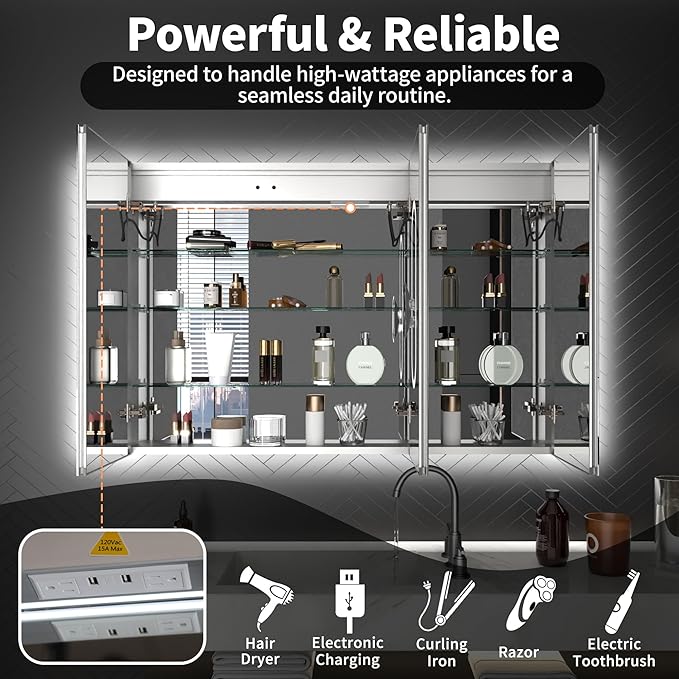 ExBrite 48 x 32 LED Lighted Medicine Cabinet with Mirror, Front & Backlit, Night Light, Clock & Temperature Display, Defog, 5X Magnifier, 3-Color Dimmable LED, Surface or Recessed Mount