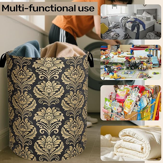 Gold Black Damask Flowers Laundry Basket - Extra Large Foldable Washable Laundry Hamper with Handles, Storage Bin for Bathroom/Laundry/Bedroom/Dorm