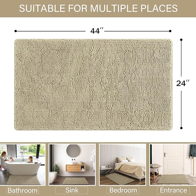 LOCHAS Luxury Bathroom Rug Shaggy Bath Mat 24 x 44 Inch, Washable Non Slip Bath Rugs for Bathroom Shower, Soft Plush Chenille Absorbent Carpets Mats, Beige