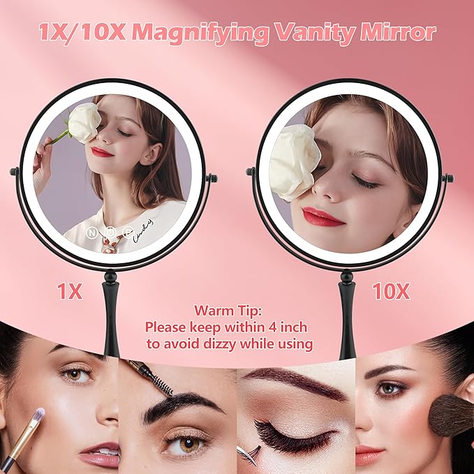 10" Large Lighted Makeup Mirror - Double Sided Vanity Mirror with 1X/10X Magnification & 3 Color LED Dimmable Lights