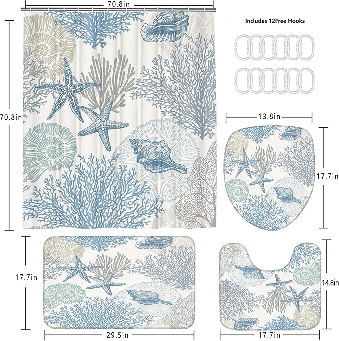 Nkzply 4 Pcs Beach Shower Curtain Set Blue Starfish Bathroom Sets with Shower Curtain and Rugs Ocean Seashell Coral Bathroom Decor Accessories Nautical Bathroom Rug Set Toilet Lid Cover 12 Hooks
