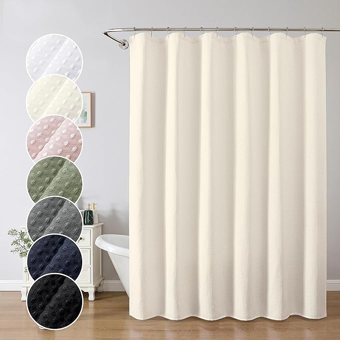 OWENIE Cream Waffle Weave Fabric Shower Curtain, Textured Heavy Cloth Shower Curtains for Bathroom, Water Repellent Soft Hotel Spa Luxury Elegant Bath Curtain, Machine Washable, Cream, 72x78 Inch