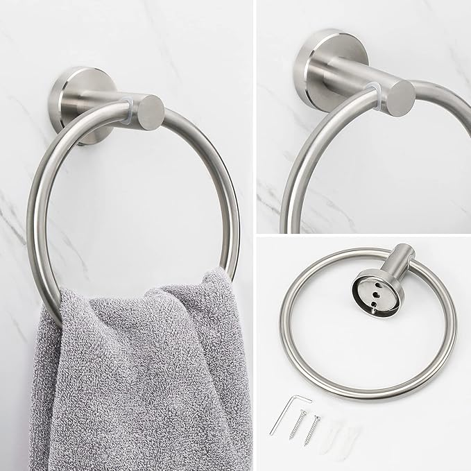 NearMoon 3 Pieces Bathroom Hardware Set, Bath Towel Ring and 2 Towel Hooks- Stainless Steel Hand Towel Hanger and Robe Hooks Accessories, Wall Mounted (Brushed Nickel)