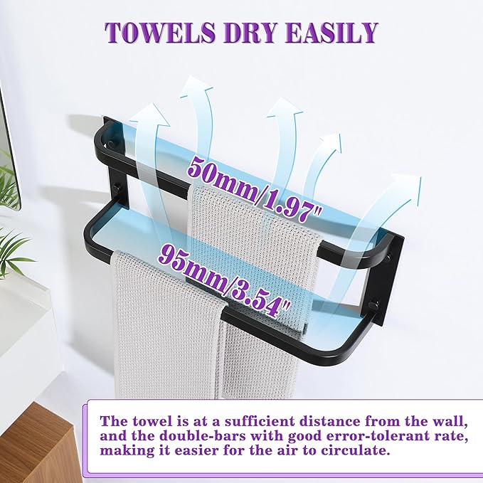 Alise Double Towel Bars for Bathroom,16'' Towel Holder Towel Racks for Bathroom Wall Mount,SUS304 Stainless Steel Double Towel Rail Towel Hanger for Walls,Matte Black