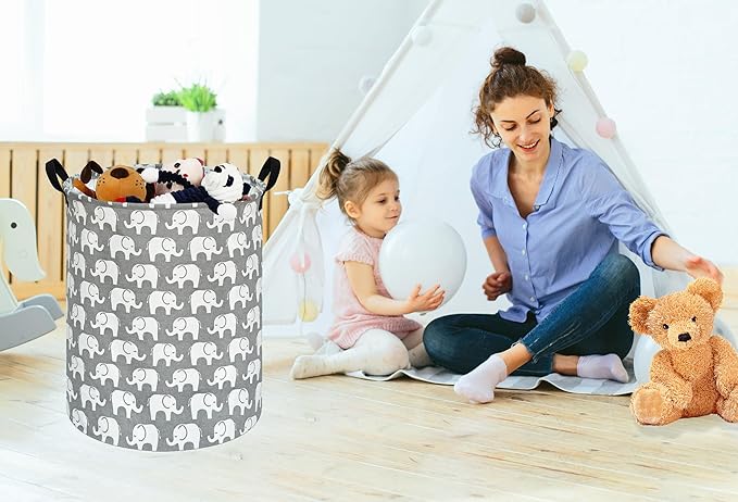 KUNRO Round Laundry Gift Basket Storage Hamper, Clothes Storage Organizer Bins, Shelf Basket with Handles for Room Decor (Elephant)
