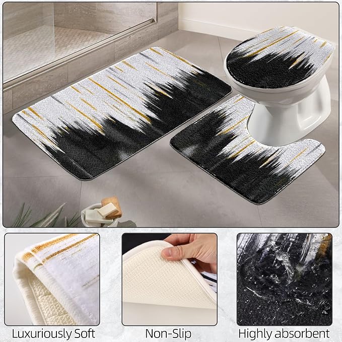 XLHOMO Black Bathroom Accessories Set - 24PCS Bathroom Sets with Shower Curtain and Rugs,Waterproof Black and White Shower Curtain Set, Toilet Brush, Trash Can & Soap Dispenser