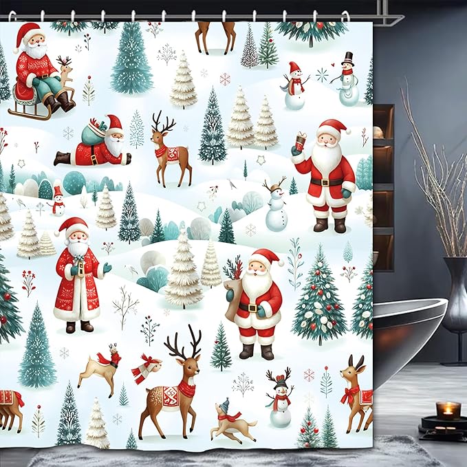 Christmas Shower Curtain，Santa Claus Castle Reindeer Shower Curtain，Winter Pattern Holoday Shower Bathroom Decor For Bathroom ，72x72 Inch Waterproof Polyester Insulated Home Decor Set With Hooks