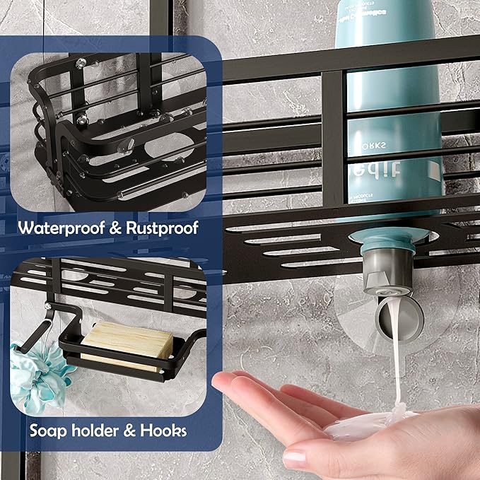 Shower Caddy Hanging, Never Rust Aluminum Shower Organizer, Over Showerhead No Drilling Shower Racks, with Soap Holder Multi Hooks Bathroom Storage for Shampoo Sponge,Silvery