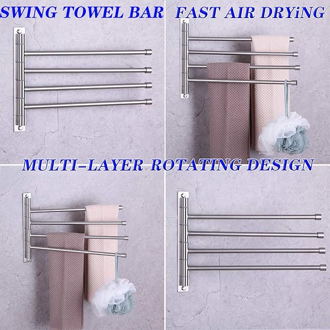 GERZWY Swivel Towel Bar SUS 304 Stainless Steel 4-Arm Bathroom Swing Hanger Towel Rack Holder Storage Organizer Space Saving Wall Mount Brushed Finish HYG04-LS