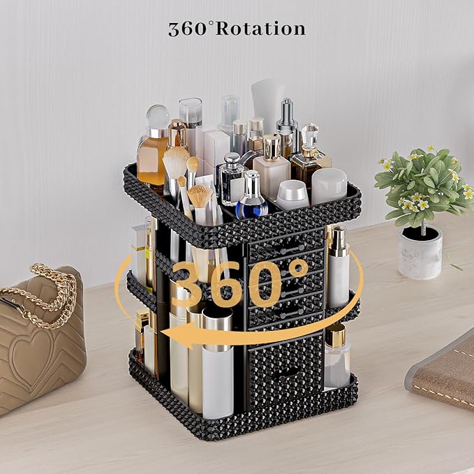 360 Rotating Makeup Organizer for Vanity, Large Skin Care Organizer with 6 Drawers Clear Acrylic Cosmetic Organizer Adjustable Spinning Makeup Storage Perfume Organizer for Dresser (Black)