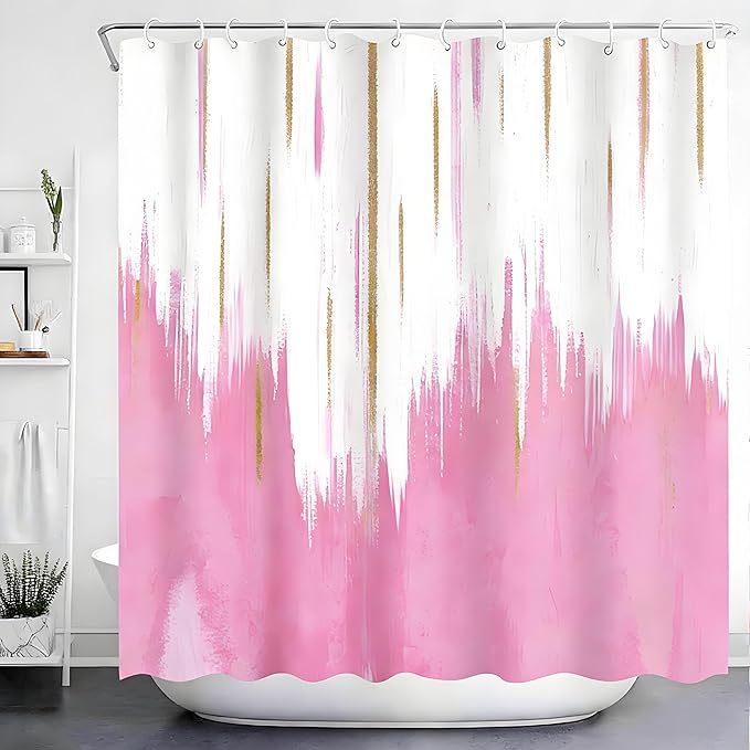 NBVKO 4PCS Pink Oil Painting Style Shower Curtain Set with Non-Slip Rugs,Toilet Lid Cover and Bath Mat,Bathroom Decor Accessory Set