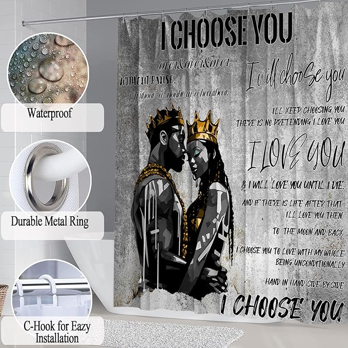 4pcs Romantic Couples Shower Curtain and Rugs Toilet Lid Cover Bath Mat, Full in Love Black Man Women Shower Curtain Set with Hooks, Black King Queen Valentine's Day Bathroom Decor Set