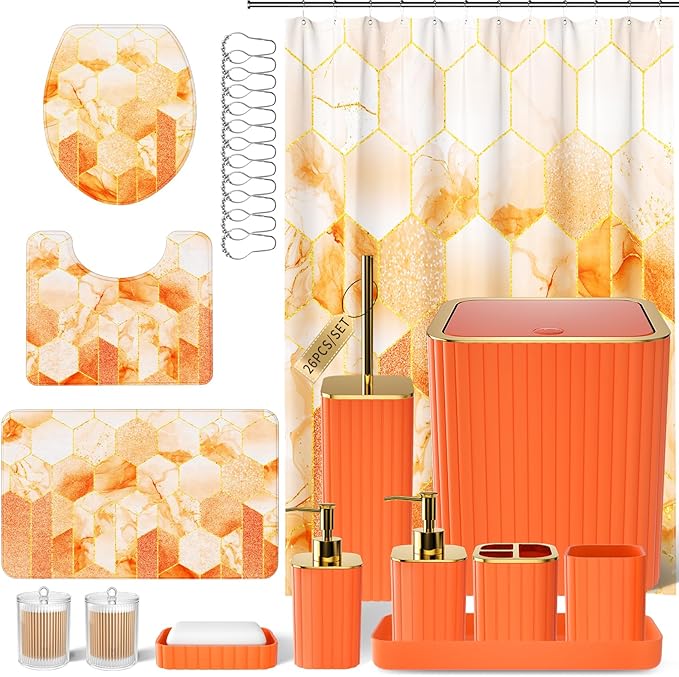 XLHOMO Bathroom Set - 26PC Bathroom Set with Shower Curtain and Rugs, Bathroom Accessory Set, Orange Bathroom Accessories Set, Trash Can & Soap Dispenser