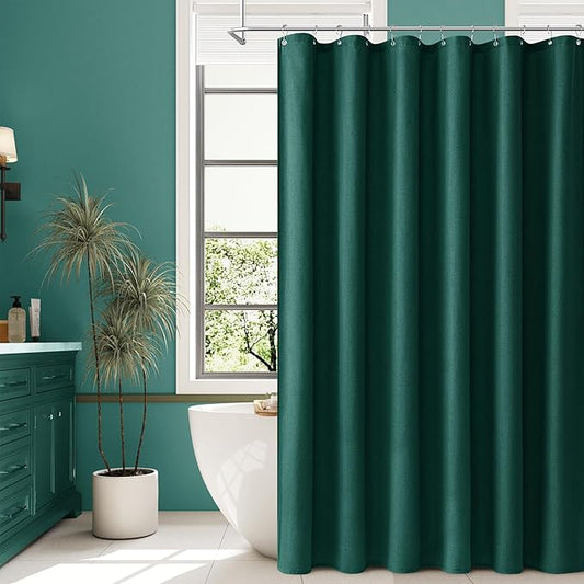 Naturoom Dark Green Linen Shower Curtain, Country Boho Farmhouse Bath Decor Shower Curtains Neutral Cloth Weighted Textured Fabric Bath Curtain Liner with Hooks, 72x80