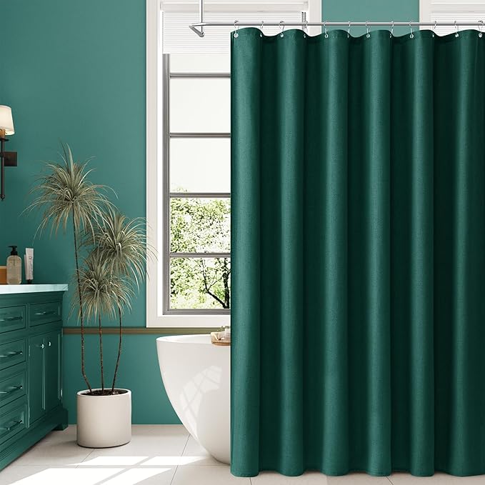 Naturoom Dark Green Linen Shower Curtain, Country Boho Farmhouse Bath Decor Shower Curtains Neutral Cloth Weighted Textured Fabric Bath Curtain Liner with Hooks, 72x78