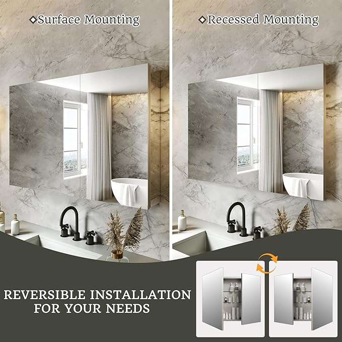 36x24 Bathroom Medicine Cabinet with Mirror,Aluminum Alloy Frame with Mirror Side Panels,Surface or Recessed Medicine Cabinet with Adjustable Shelves,Assembly Required