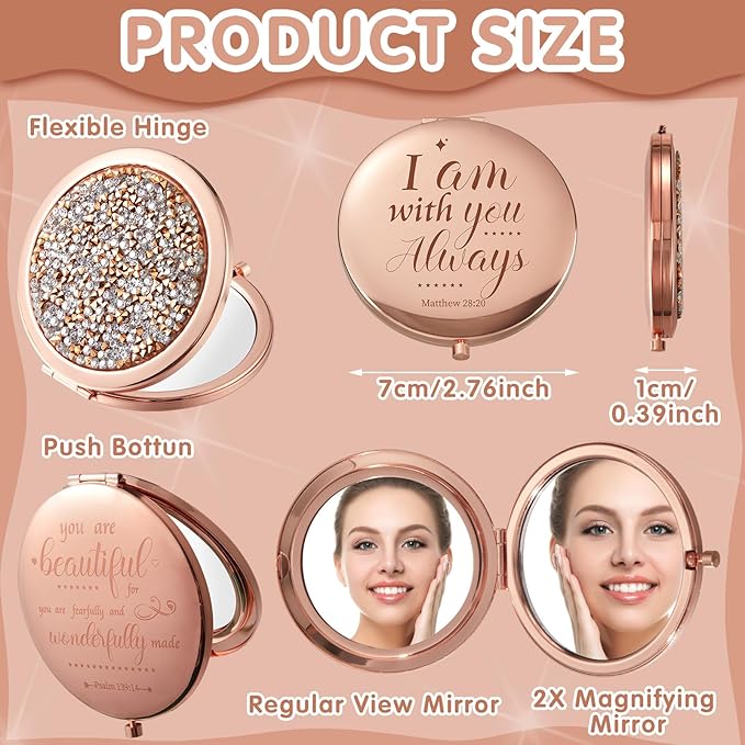 Thyle 12 Pcs Christian Compact Mirror Gifts for Women Mother's Day Nurse Week Bible Verse Wallet Mirror Bulk Hand Makeup Compact Religious Baptism for Holy Communion Teacher(Same,Rose Gold)
