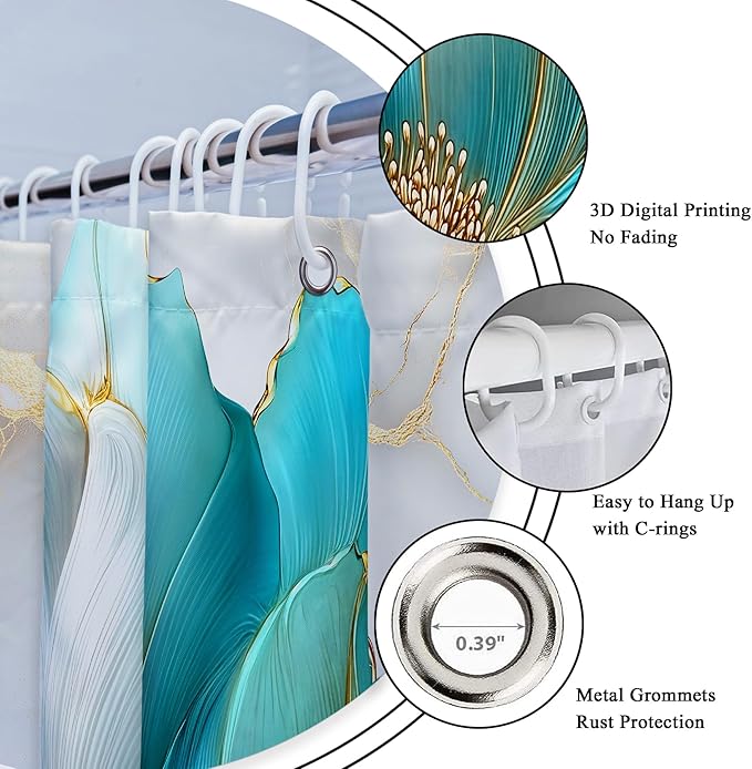 Riyidecor Teal Gold Marble Floral Shower Curtain for Bathroom Decor 72Wx84H Extra Long Abstract Modern Fashion Flower Luxury Modern Art Printed Fabric Polyester Waterproof 12 Pack Plastic Hooks