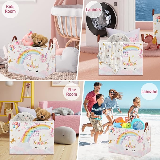 Unicorn Gift Bag Pink Kids Laundry Basket Rainbow Cloud Unicorn Nursery Decor Laundry Hamper ,Room Decor for Girls Bedroom, Rectangular Storage Box Cute Shelf Basket Clothes Book Toy Box Bin