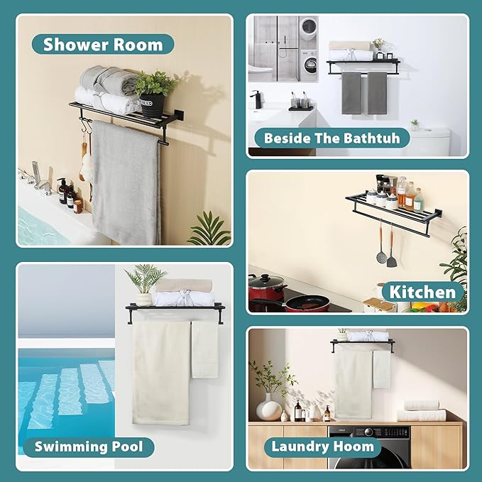 Alise 24 Inch Towel Racks for Bathroom Wall Mounted,Bathroom Towel Rack with Tower Bar,Double Towel Racks for Bathroom,SUS304 Stainless Steel Bathroom Towel Holder Matte Black