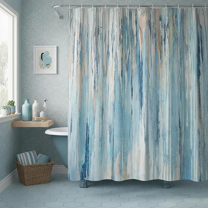 JAWO Abstract Shower Curtain Modern Shower Curtain Sets for Bathroom Gray Blue Aesthetic Stripe Pattern Contemporary Minimalist Painting Polyester Bathtub Curtains