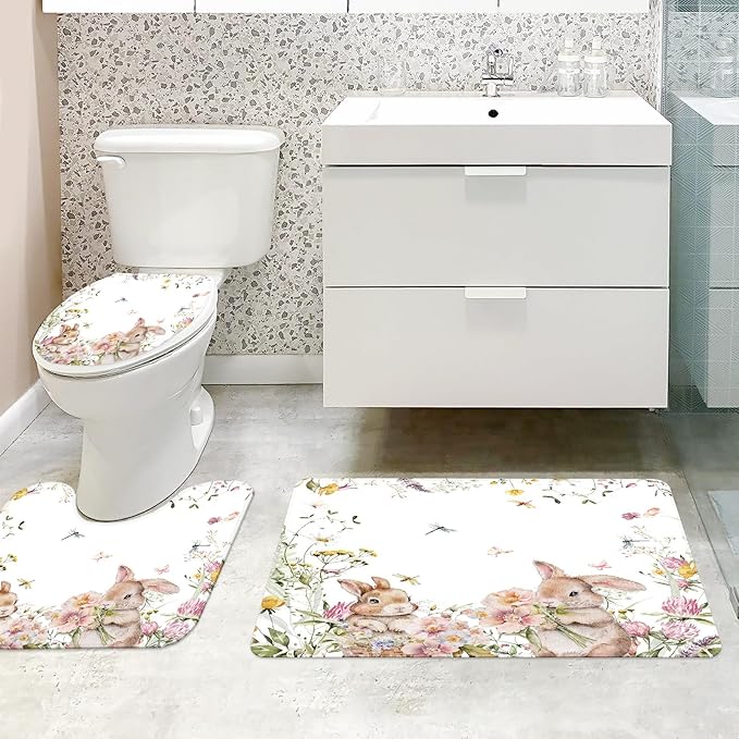 MEHOFOND 4pcs Easter Shower Curtain Sets Spring Easter Bunny Shower Curtain Set for Bathroom Cute Rabbits Floral Plant Watercolor Flower Bathroom Decor with Non-Slip Rugs Toilet Lid Cover and Bath Mat